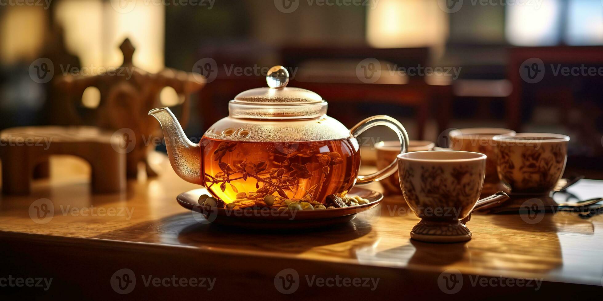 AI Generated. AI Generative. Traditional classit vintage retro ceremony chinese asia te teapot cup table ritual wooden table. Calm inner peace relax beverage time vibe. Graphic Art photo