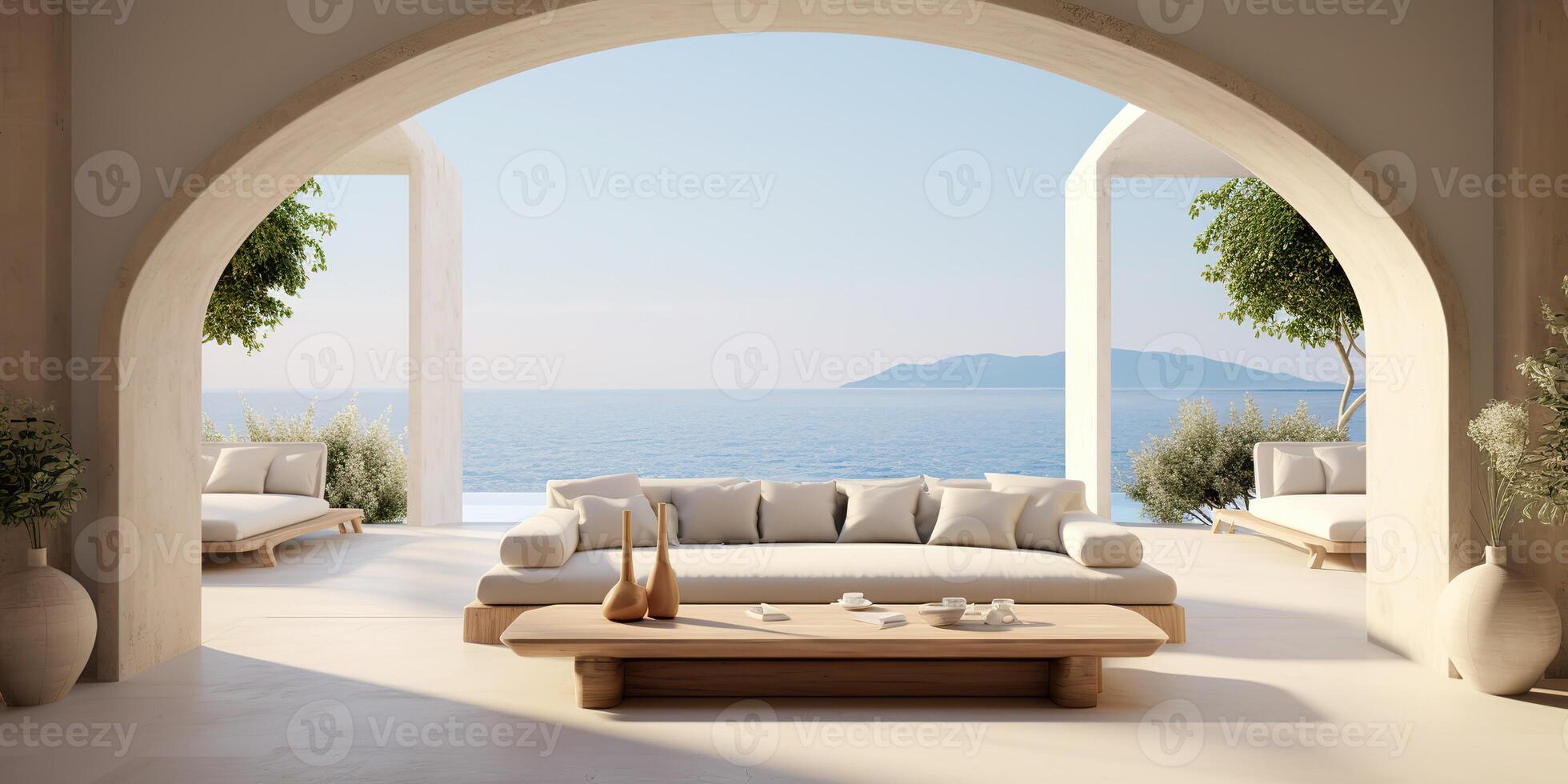 AI Generated. AI Generative. Greek island luxury hotel interior architecture design vaction relax time. Adventure chill calm vibe. Graphic Art photo