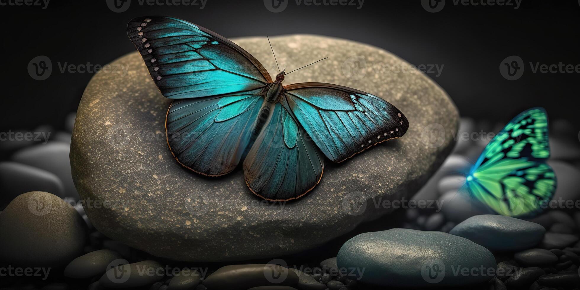 AI Generated. AI Generative. Beautiful blue butterfly on zen stone pebble. Calm meditation nature outdoor landscape. Zen spiritual vibe. Graphic Art photo