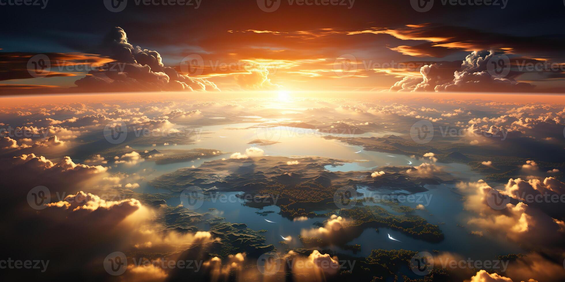 . . Air drone aerial view cloudscape landscape nature outdoor fly from above earth clouds sun sunbeams. Graphic Art photo