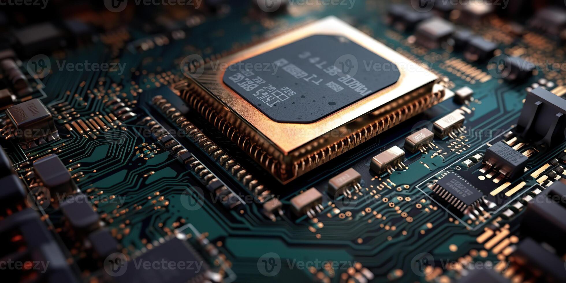 . . PC computer micro chip processor motherboard background. Digital data future background science vibe. Graphic Art photo