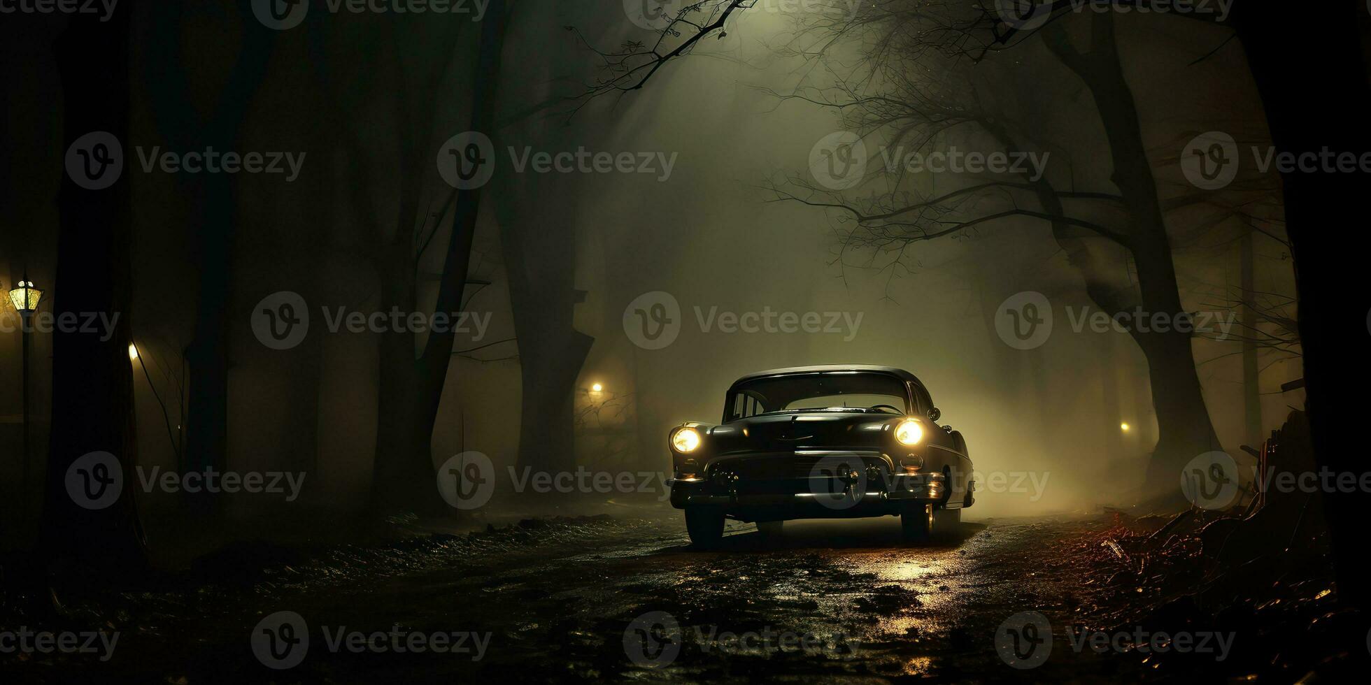 AI Generated. AI Generative. Vintage retro classic car on road mist fog forest tree nature outdoor dark gothic scary halloween vibe. Graphic Art photo