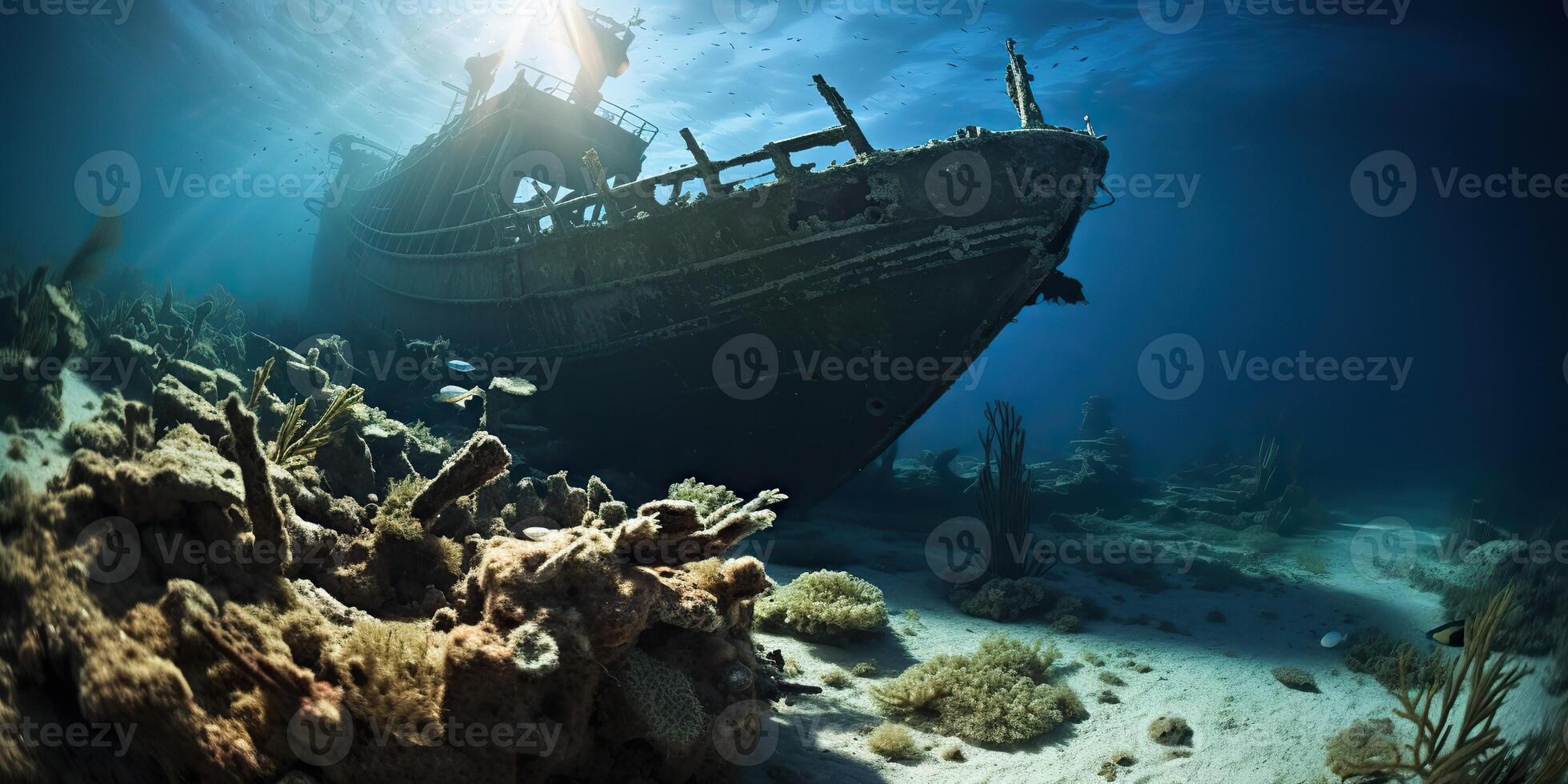 . . Under water sea ocean scuba difing adventures. Underwater explore trip old histiry ship. Nautical marine deep bluew vibe.Graphic Art photo