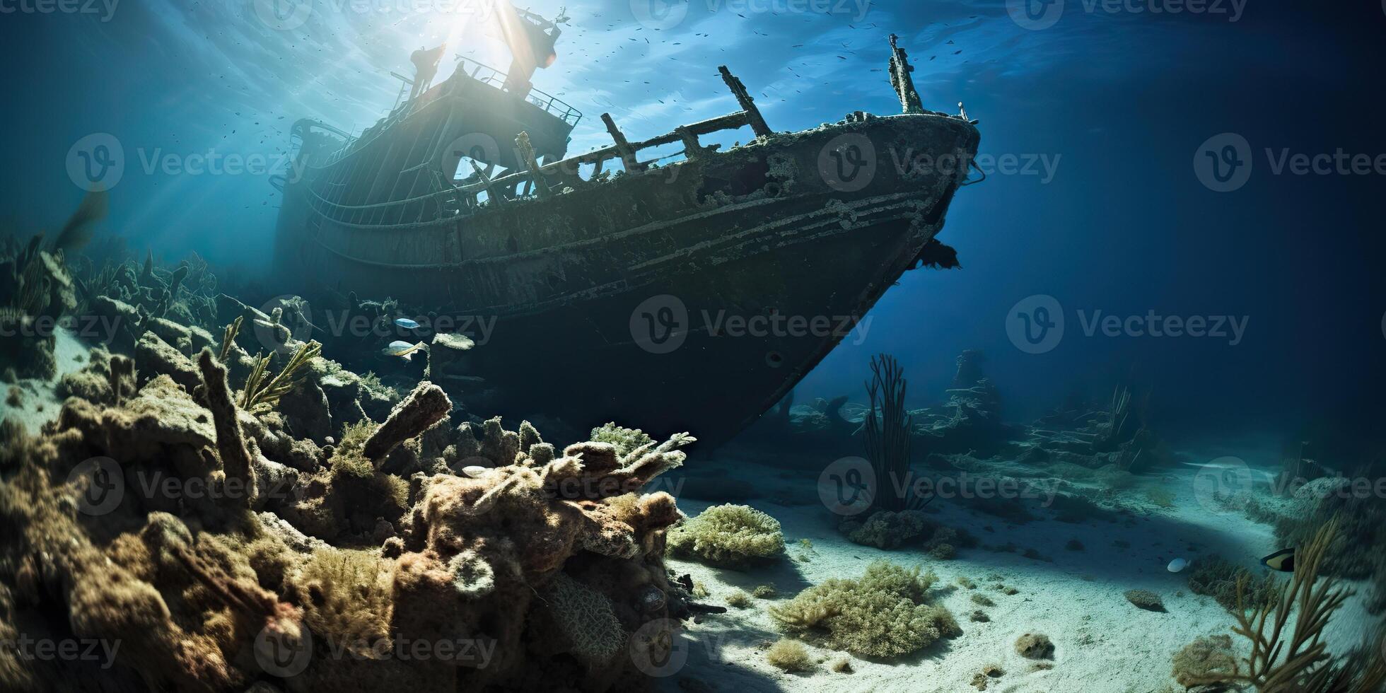 ai generado. ai generativo. debajo agua mar Oceano escafandra autónoma diferenciándose aventuras submarino explorar viaje antiguo historia barco. náutico marina profundo bluew ambiente.gráfico Arte foto