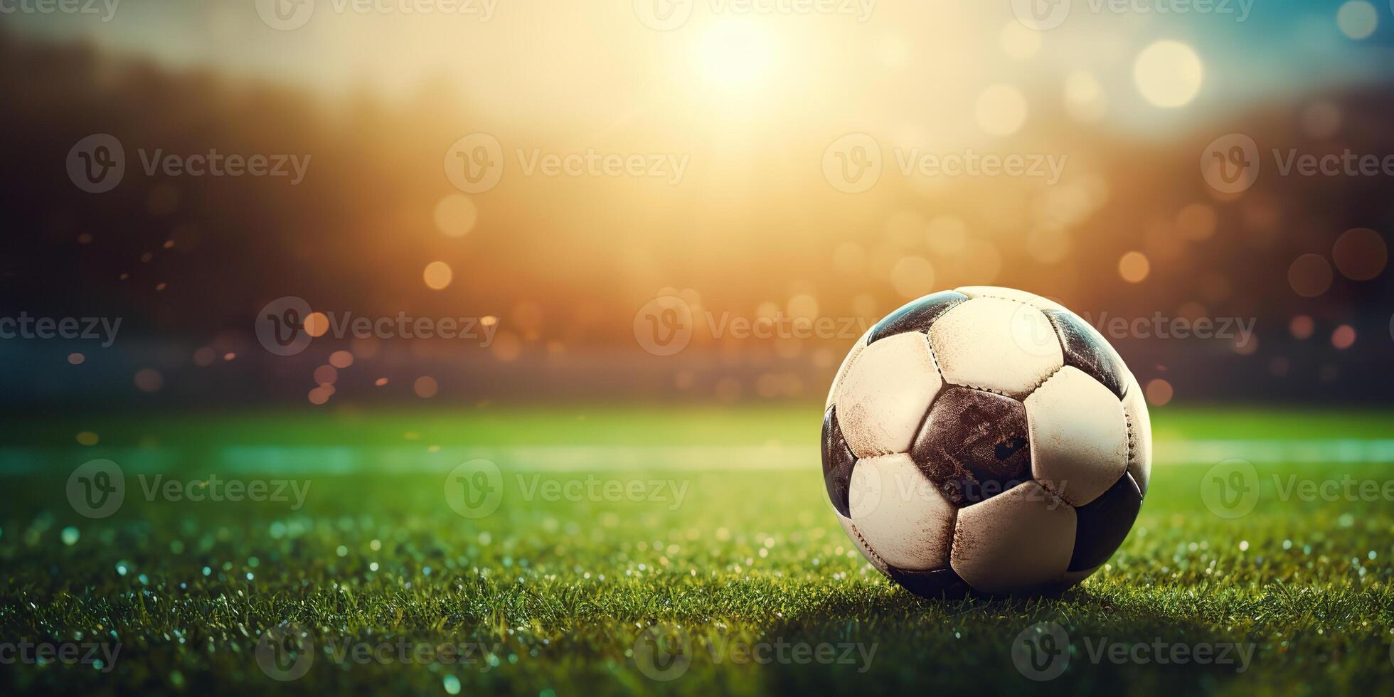 . . Soccer football ball on green grass field stadium. Sport game motivational promotion inspirational poster decoration. Graphic Art photo
