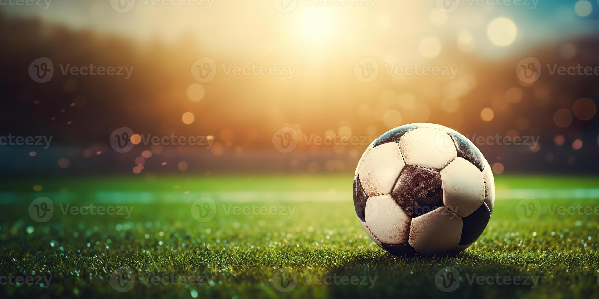 AI Generated. AI Generative. Soccer football ball on green grass field stadium. Sport game motivational promotion inspirational poster decoration. Graphic Art photo