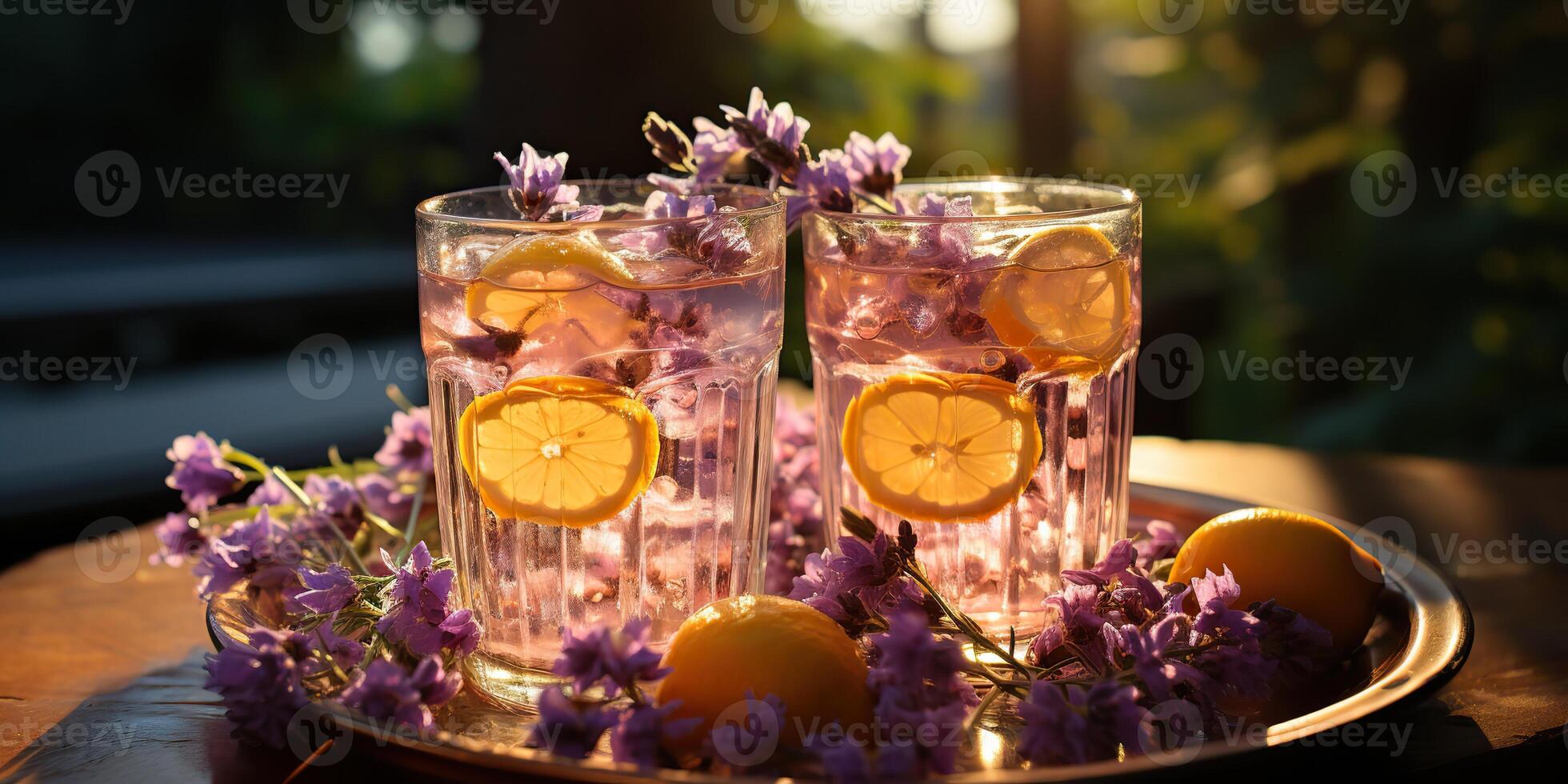 . . Lavender cocktails with plant flower. Refresh beverage drink in glass on susnset evening on wood table. Party family vibe. Graphic Art photo