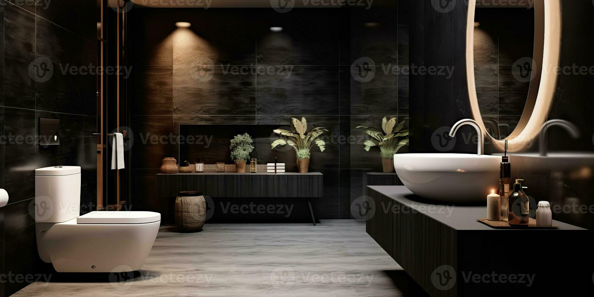 AI Generated. AI Generative. House room bathroom spa toilet indoor architexture design  with bath mirror ceramic and minimal luxury style vibe. Graphic Art photo