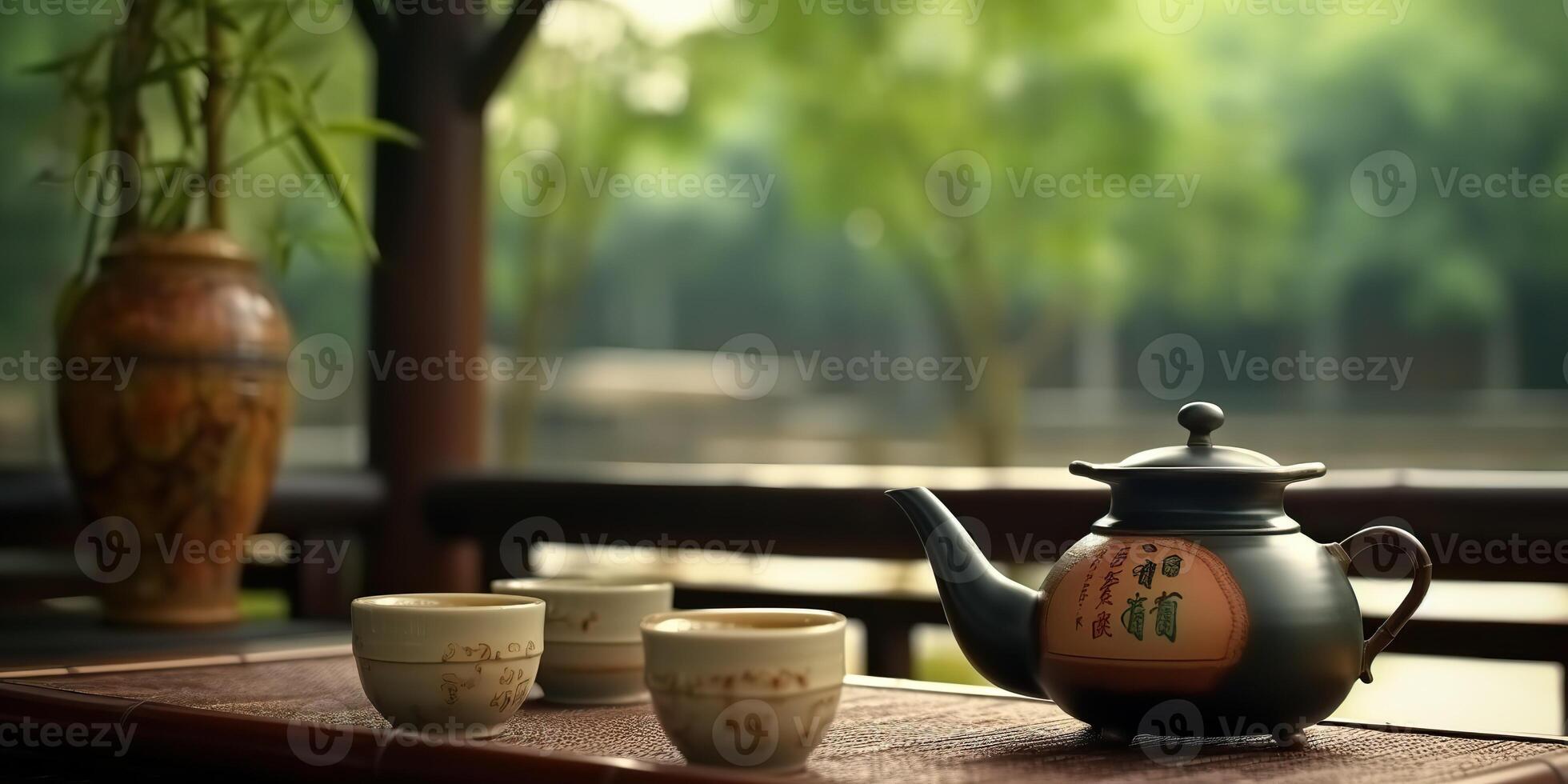 AI Generated. AI Generative. Chinese temple with tea set on bamboo. table. Asian traditional architecture decor design. Adventure meditaion vibe. Graphic Art photo