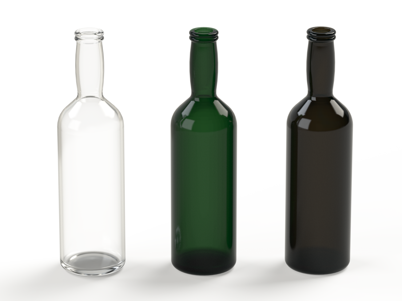 3D rendering, Empty glass bottles of green, brown, and clear bottles