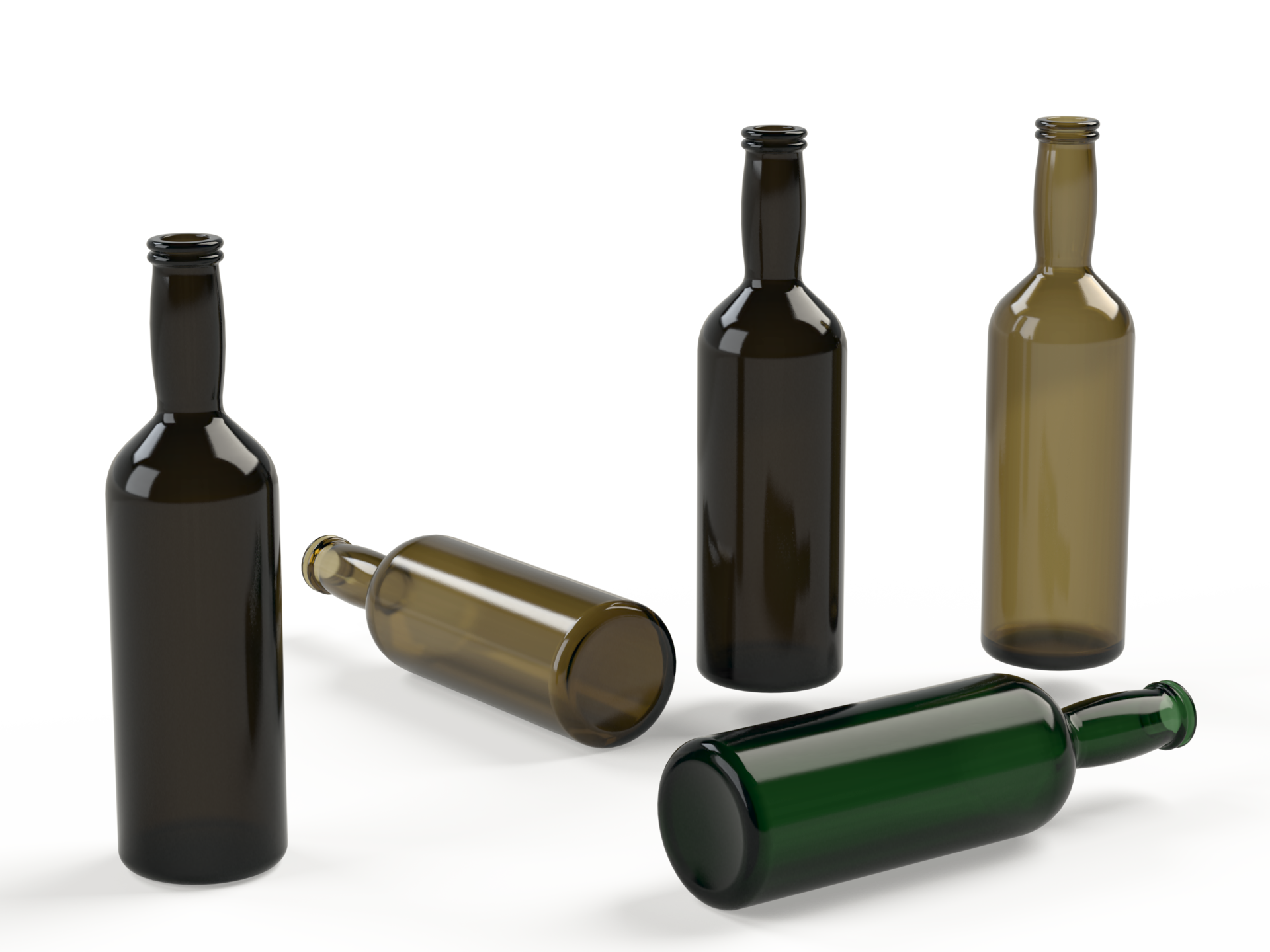 3D rendering, Empty glass bottles of green, brown, and clear bottles