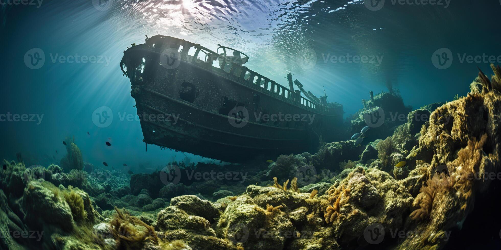 . . Under water sea ocean scuba difing adventures. Underwater explore trip old histiry ship. Nautical marine deep bluew vibe.Graphic Art photo