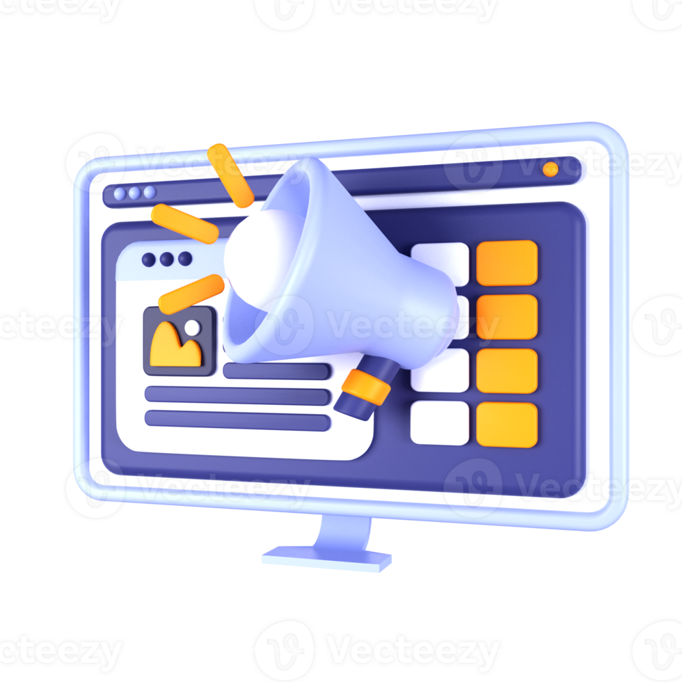 a computer monitor with a megaphone on it, with a button on it png