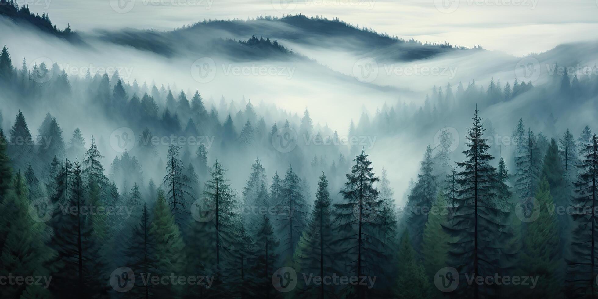 AI Generated. AI Generative. Adventure outdoor nature mist fog clouds forest trees landscape background wild explore. Graphic Art photo