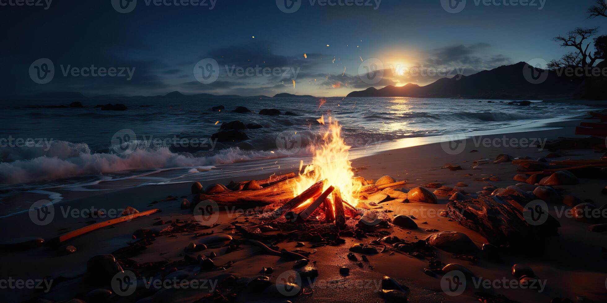 AI Generated. AI Generative. Sunset evening night bonfire campfire fire wood at sea ocean coast beach sand. Adventure vacation trip camping vibe. Graphic Art photo