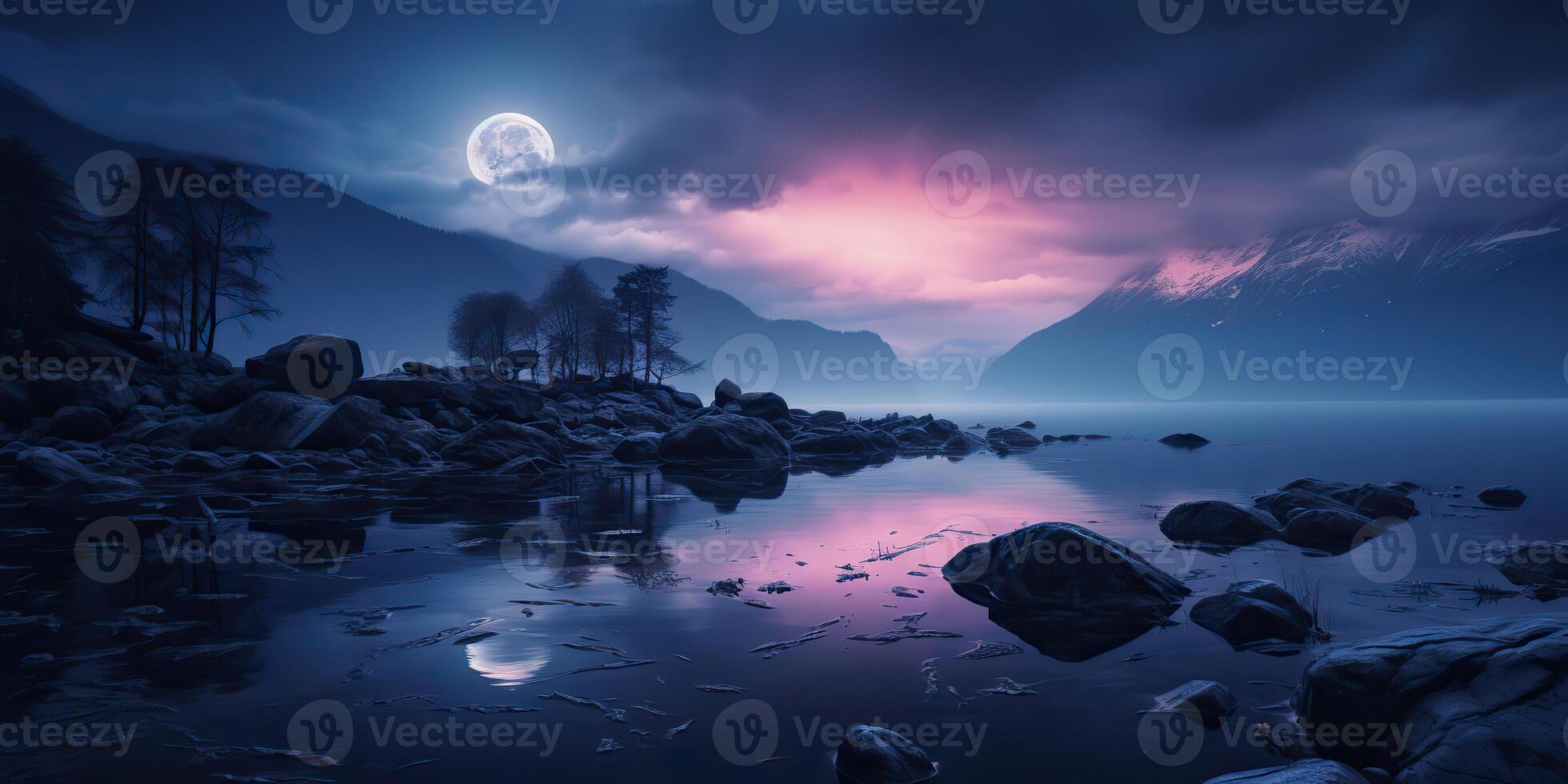 . . Outdoor nature landscape adventure vacation evening nigh lake with moutaine background. Graphic Art photo