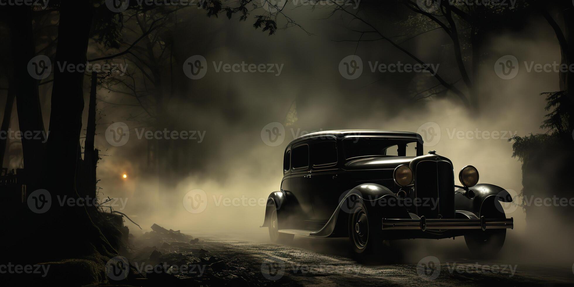 . . Vintage retro classic car on road mist fog forest tree nature outdoor dark gothic scary halloween vibe. Graphic Art photo