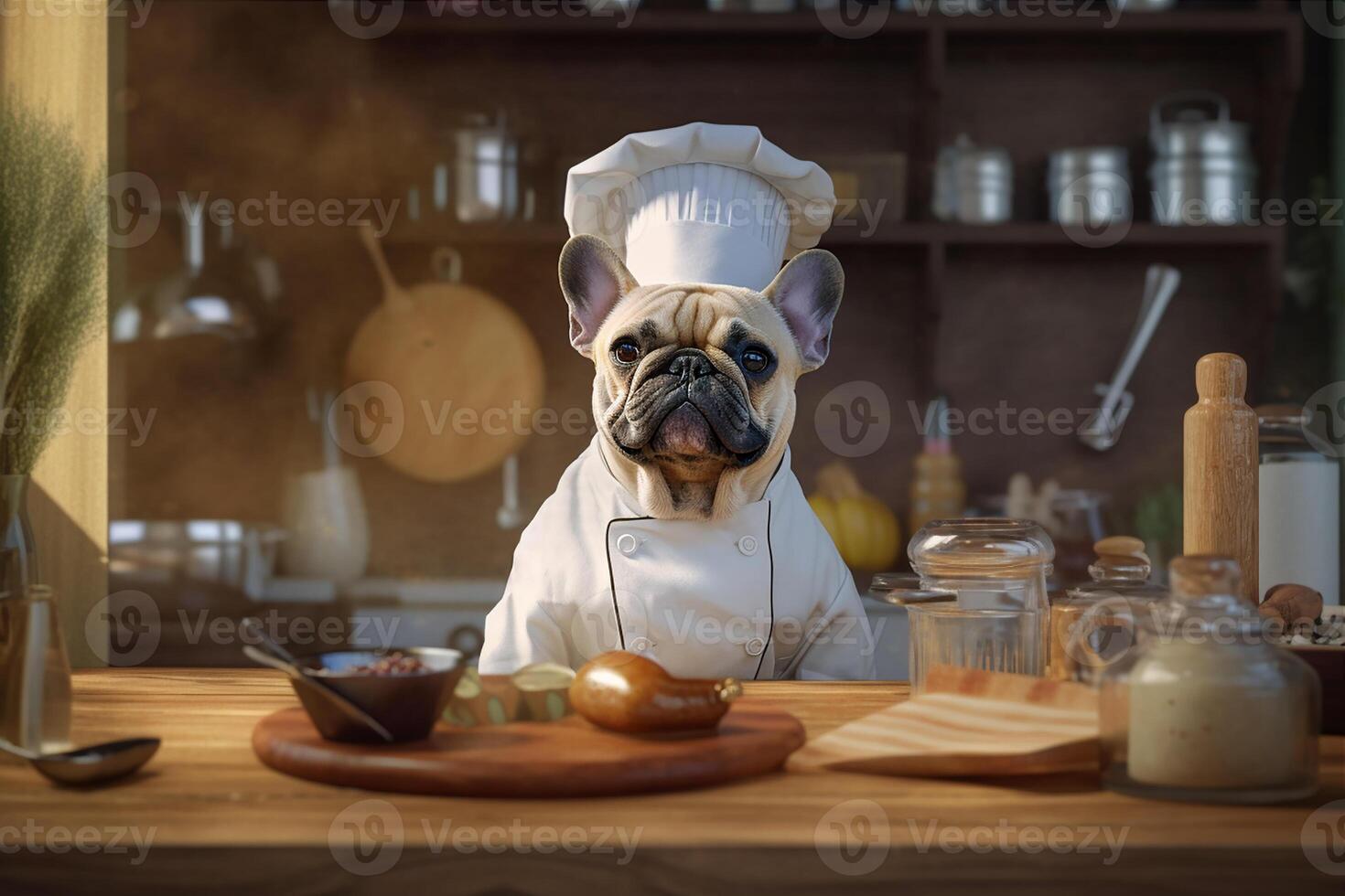 Funny image of a French Bulldog in a chef costume, showcasing culinary humor in the kitchen setting. Copy space Perfect for food-related projects and entertainment-themed designs, photo