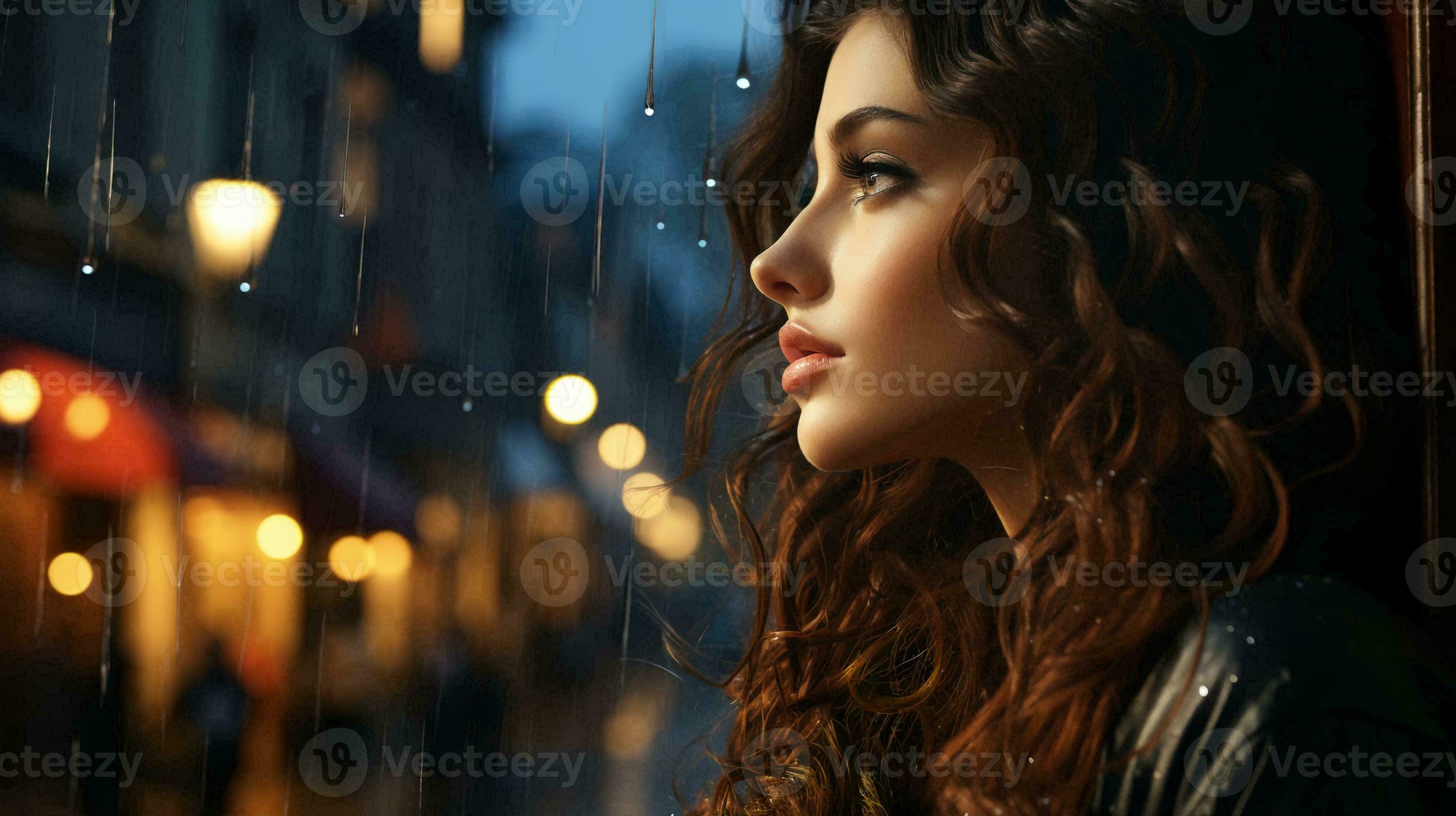 A beautiful pensive woman looks out the window at night during the rain ...