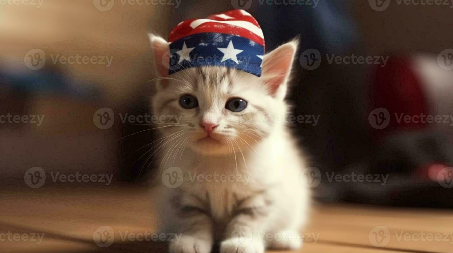 A small kitten sits in a hat the color of the American flag. Concept postcard with a cat for USA Independence Day. AI generated photo