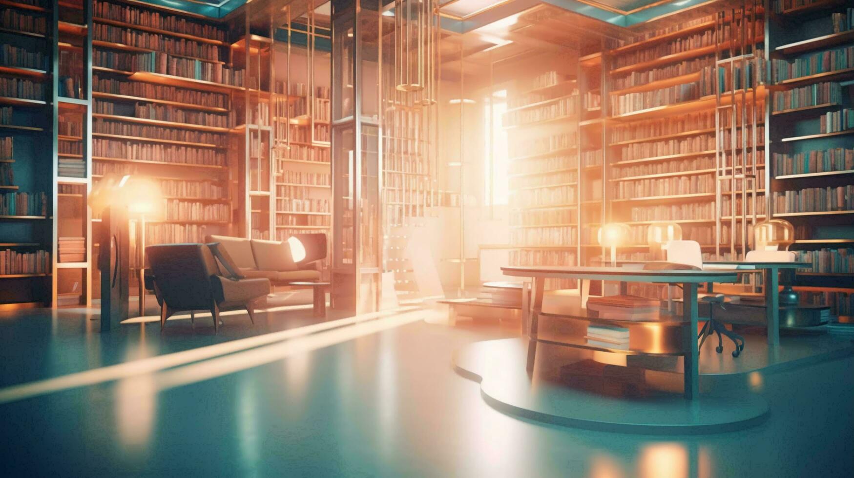Large library with many books and bookshelves for learning with knowledge. AI generated photo