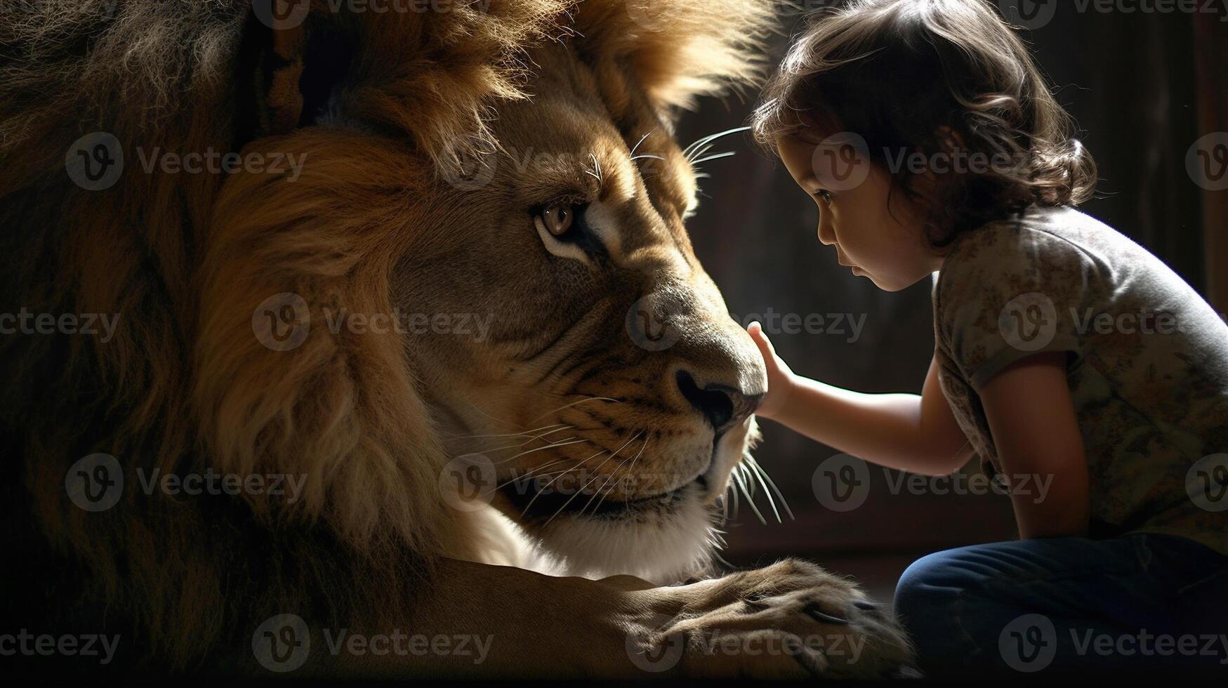 perfil de un audaz joven hembra niño suavemente conmovedor el cara de un muy grande león - generativo ai. foto