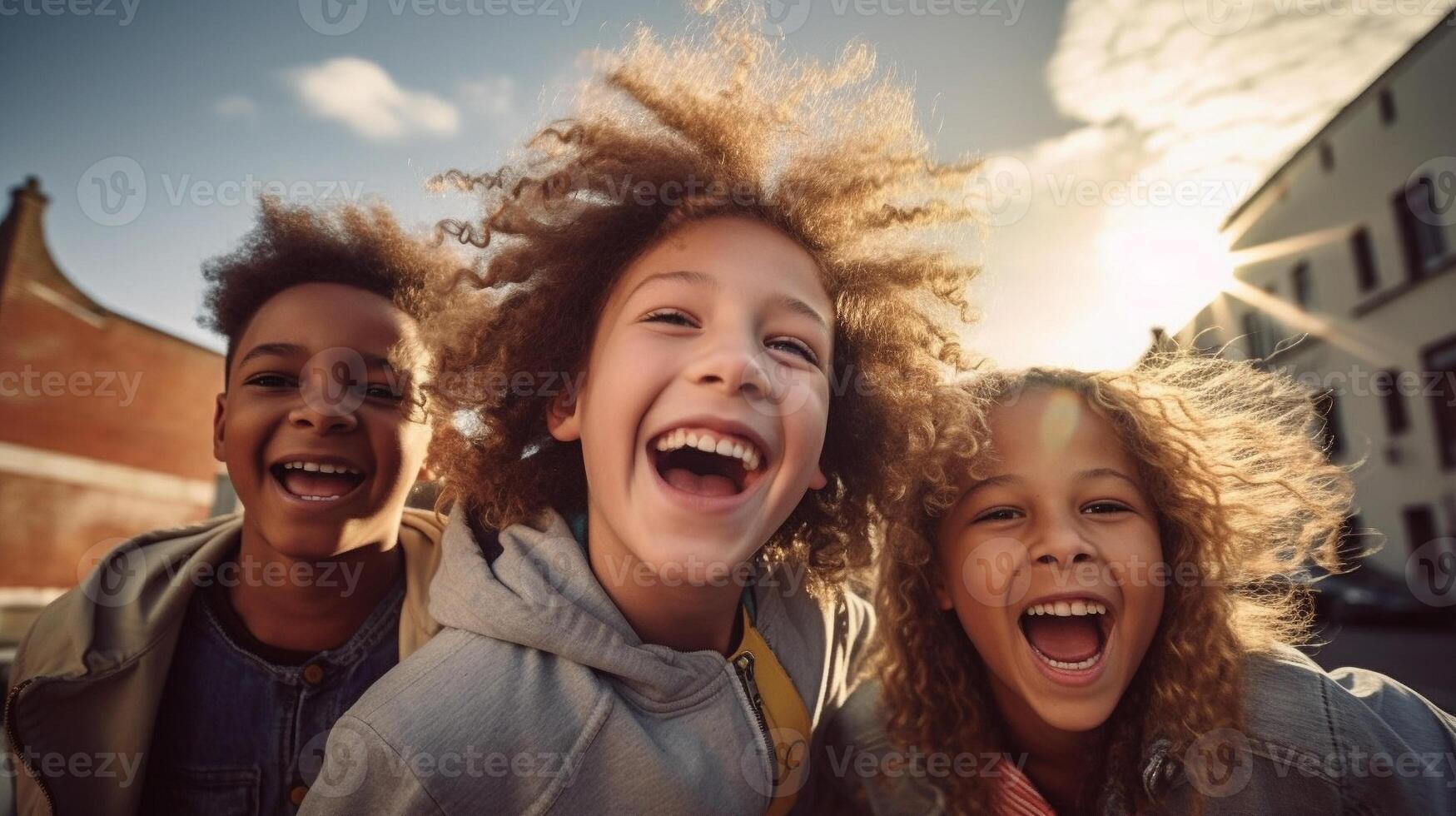 contento riendo multiétnico niños en su camino a colegio - generativo ai. foto