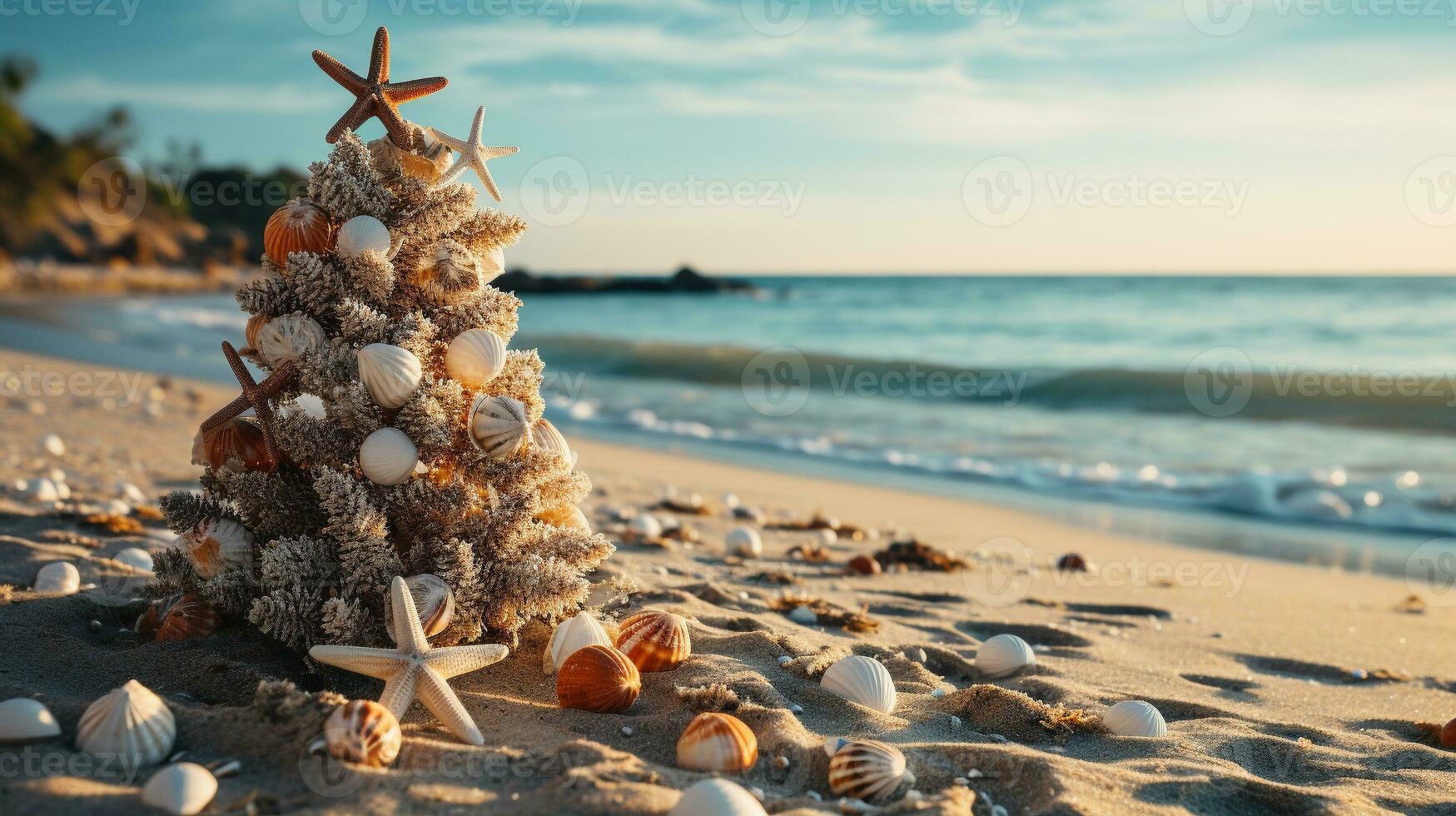 Navidad árbol hecho de adornos, estrella de mar y conchas marinas en el Oceano apuntalar playa arena - generativo ai. foto