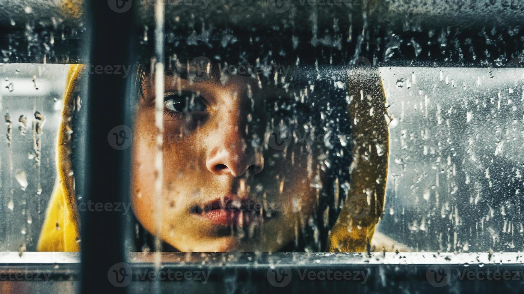 Sad, Afraid, Lonely and Cold Child Sits on a School Bus Alone - . photo
