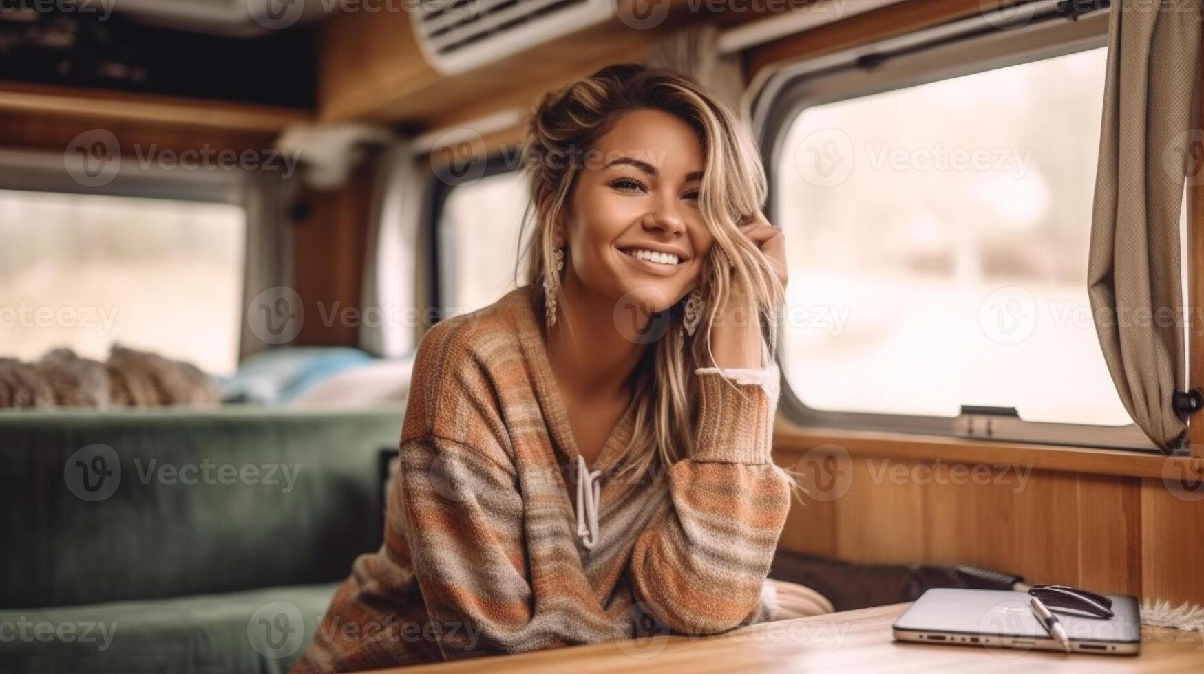 Happy Mixed-Race Young Adult Female Enjoying Working Remotely Inside Her RV Camper Trailer - . photo