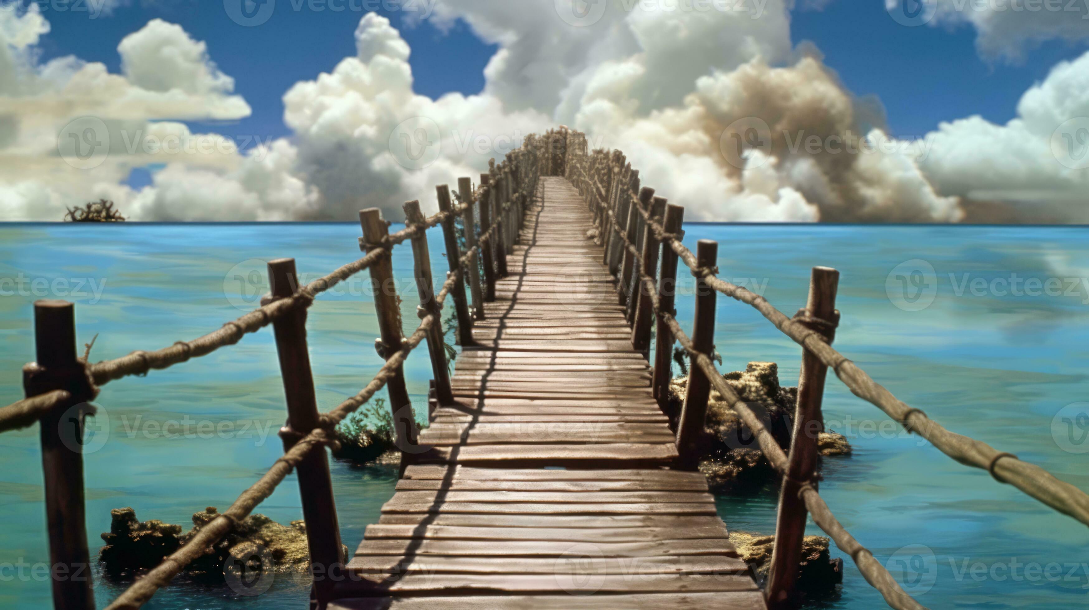 a long wooden bridge extending over a large body of water, connecting