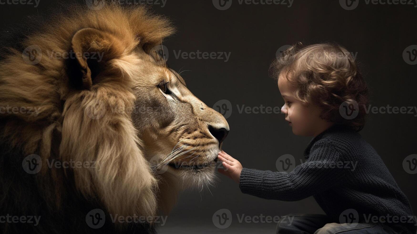 perfil de un audaz joven hembra niño suavemente conmovedor el cara de un muy grande león - generativo ai. foto