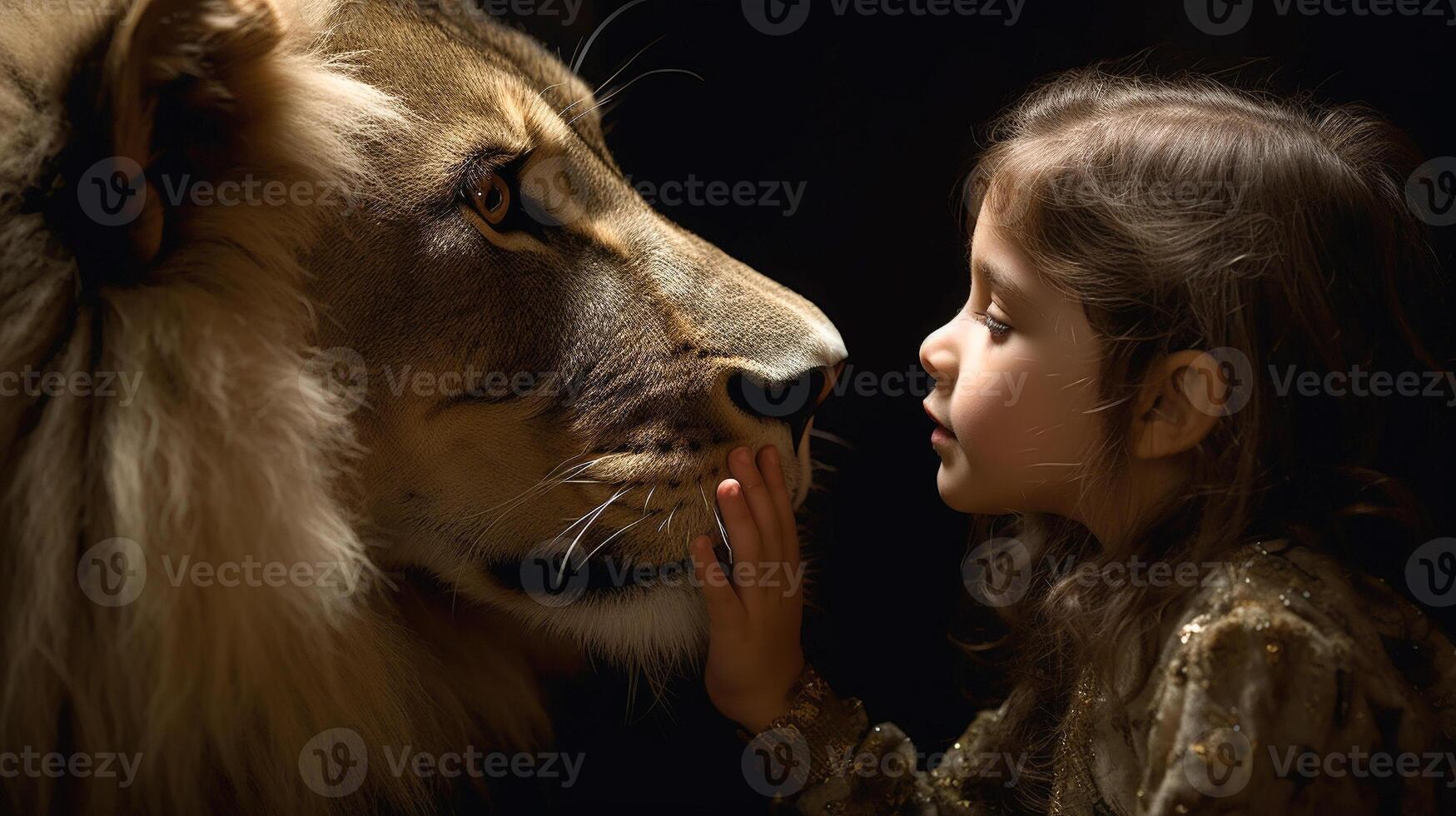 perfil de un audaz joven hembra niño suavemente conmovedor el cara de un muy grande león - generativo ai. foto