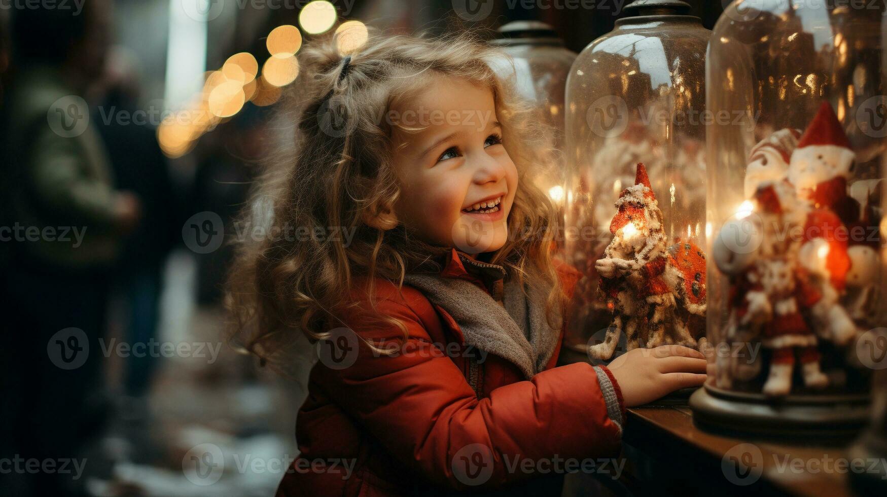 joven niños disfrutando el Navidad decoraciones en el pueblo tiendas juntos- generativo ai. foto