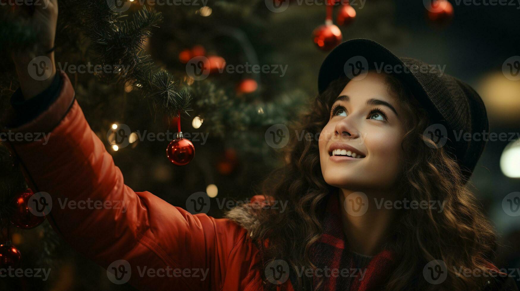 Happy Young Adult Woman Decorating the Christmas Tree - Generative AI. photo