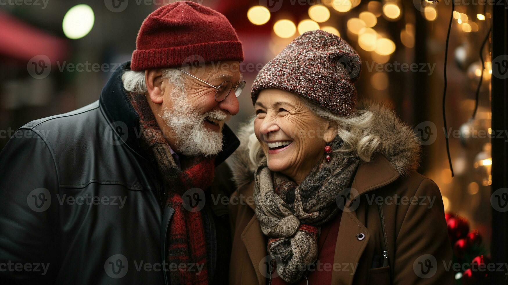 Happy Senior Adult Couple Enjoying A Stroll Amongst The Holiday Decorated Village Shops Together - Generative AI. photo