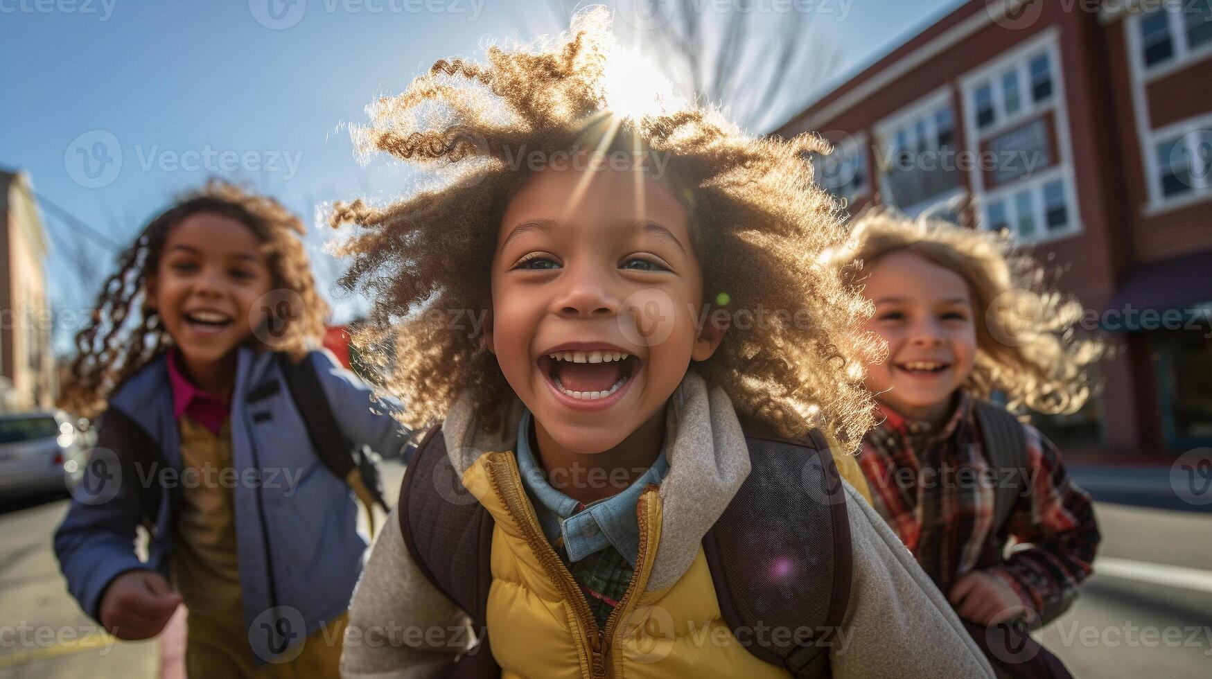 contento riendo multiétnico niños en su camino a colegio - generativo ai. foto