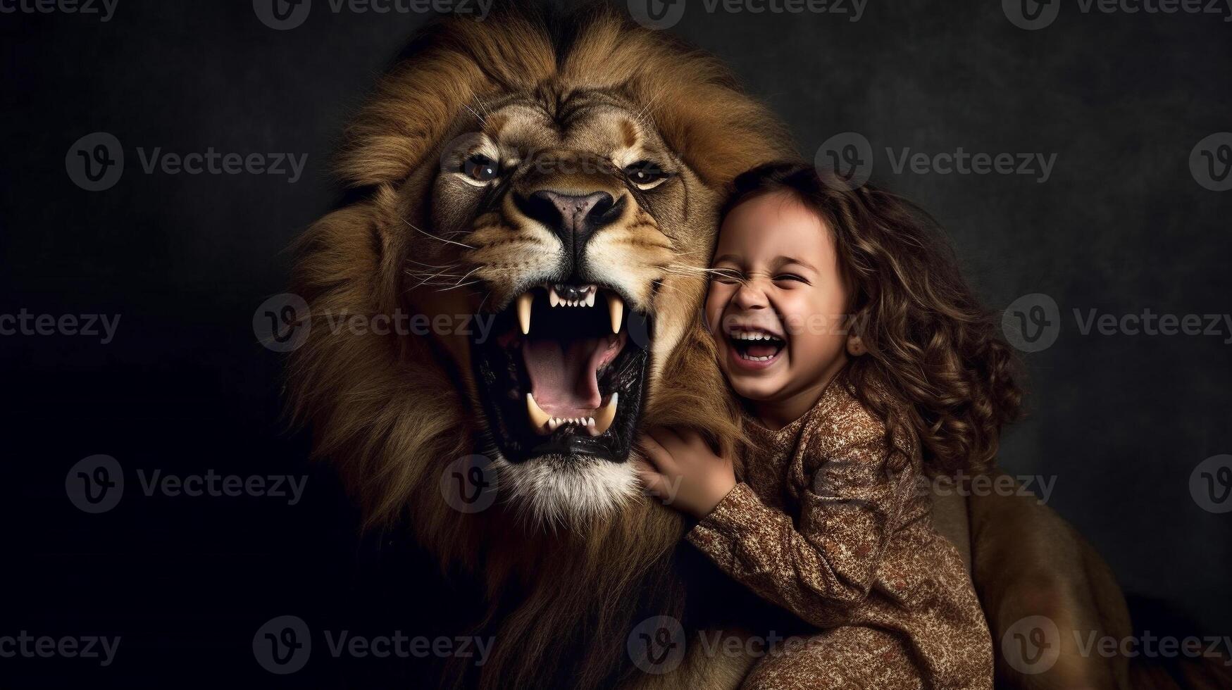 audaz hembra niño riendo como ella se sienta siguiente a un muy grande rugido león sentado siguiente a su - generativo ai. foto