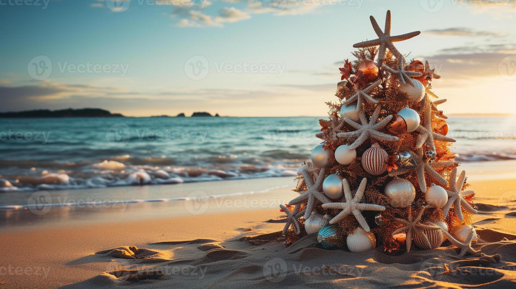 Christmas Tree Made of Ornaments, Starfish and Seashells On The Ocean