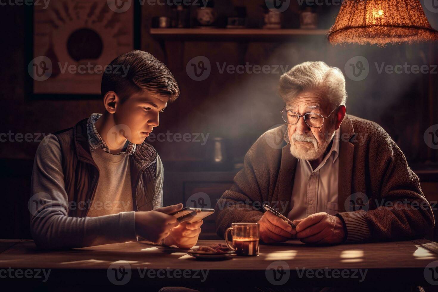 an older man and a young boy sitting together at a dining table, focusing on a cell phone in front of them. They seem to be engaged in a game or an activity on the device, photo