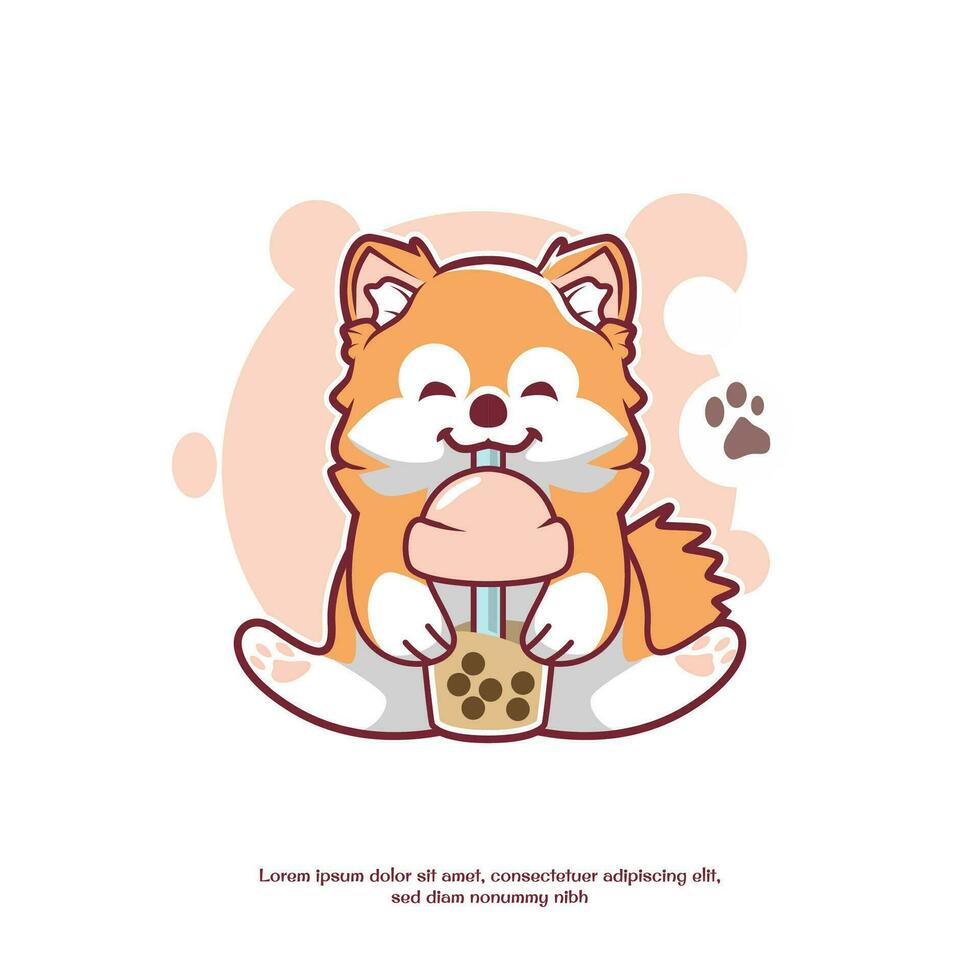 Cute Cartoon Pomeranian drinking boba tea vector
