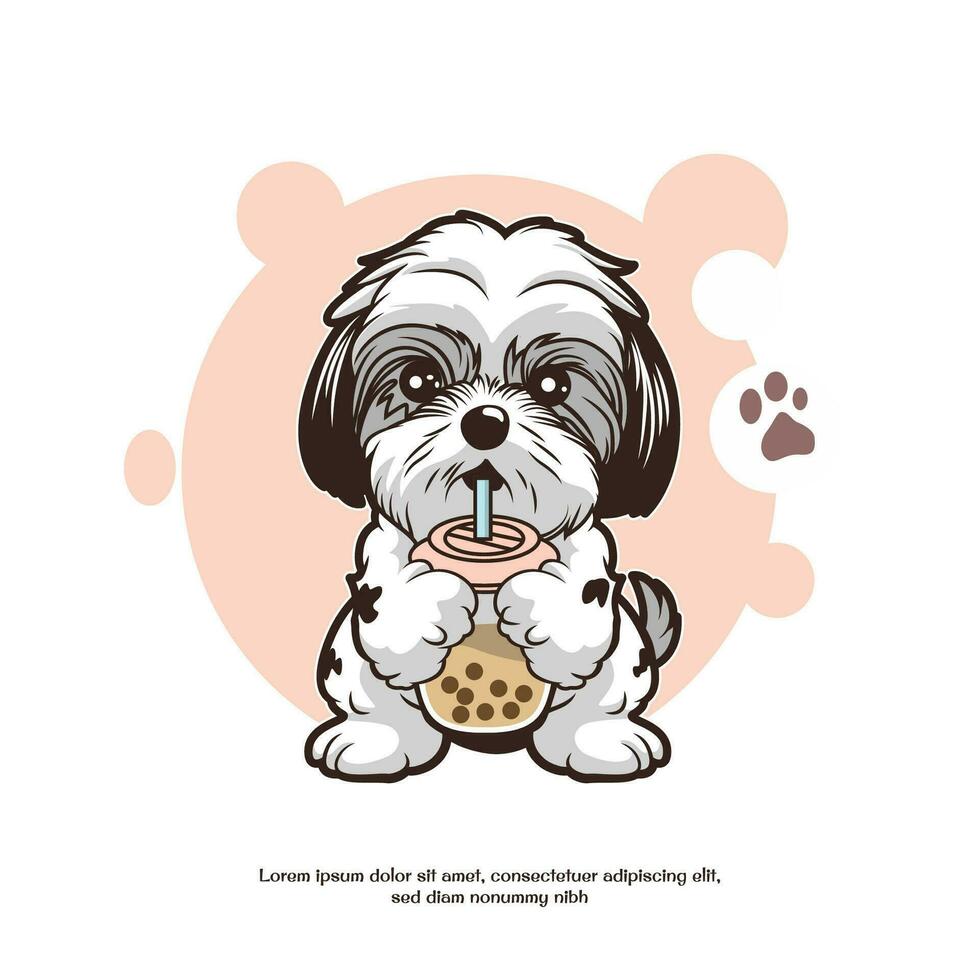 shih tzu dog drinking boba tea vector