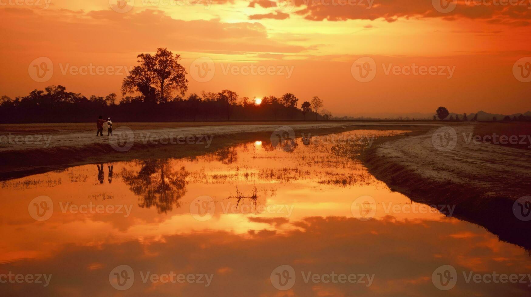 a beautiful sunset with warm hues reflecting off the calm surface of a lake or river. The scene captures the essence of peacefulness and relaxation as the sun sets behind a tree, photo