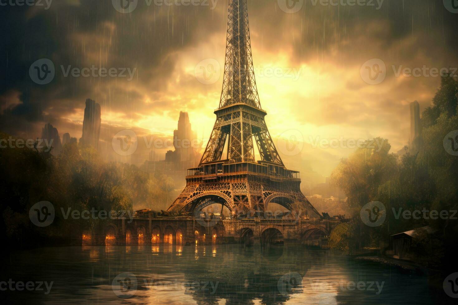 the Eiffel Tower, an iconic landmark of Paris, France, situated on the banks of a river. As the sun shines upon it, the majestic tower glows in the golden light, creating an awe-inspiring atmosphere. photo