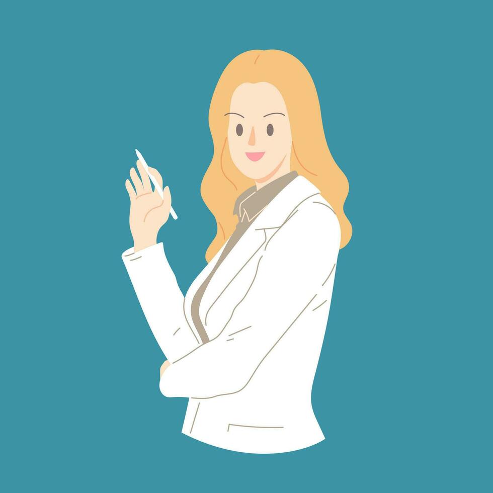 expert business woman happiness confidential energetic and trendy smiling with pen on hand vector