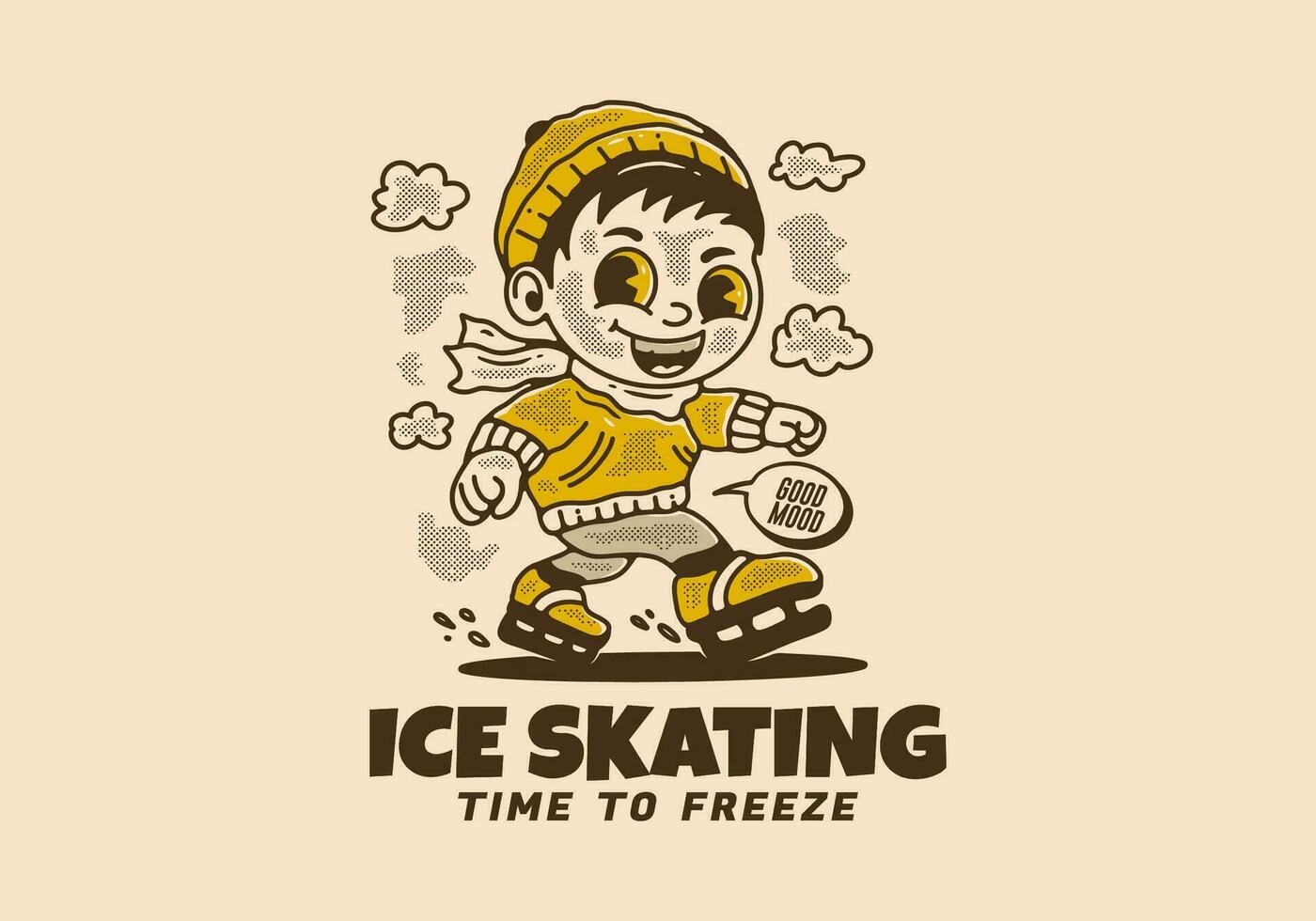 hielo Patinaje hora a congelar, mascota personaje ilustración de un pequeño chico jugando hielo patinar vector