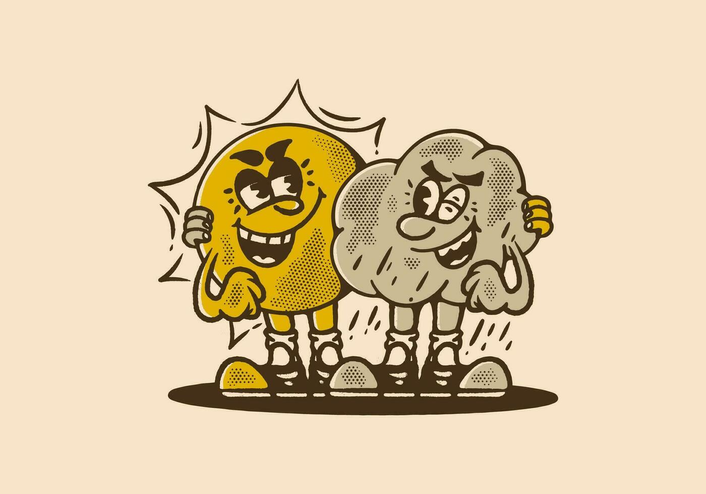 Vintage mascot character design of a sun and rain cloud vector