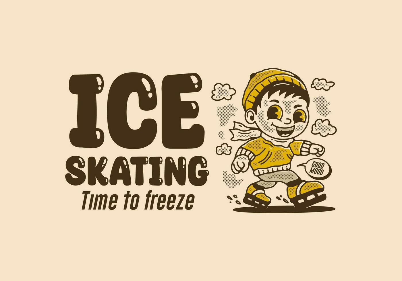 hielo Patinaje hora a congelar, mascota personaje ilustración de un pequeño chico jugando hielo patinar vector