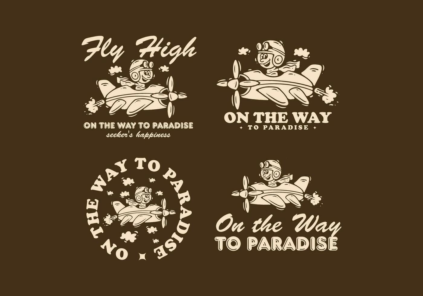 On the way to paradise, Four type Mascot character illustration of a little boy driving a plane vector