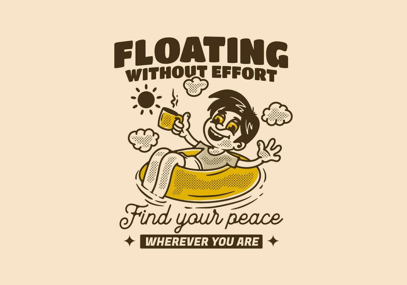 Floating without effort, a child relaxes on a lifebuoy with his hand holding a cup of coffee vector